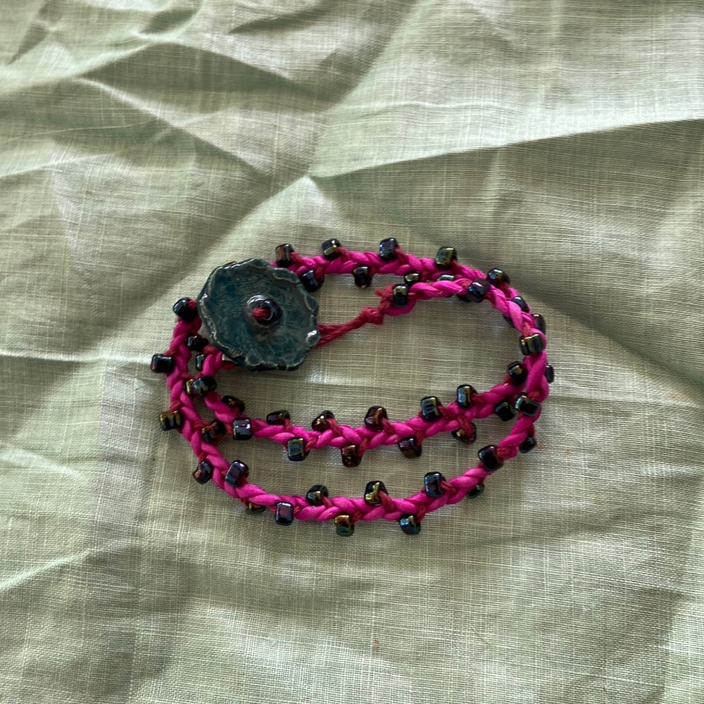 Handmade Wrap bracelet pottery button clasp square beads fuchsia blue